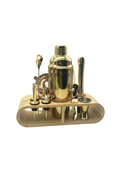 Ahşap Standlı 12 Parça Çelik 750 Ml Shaker Bar Tokmağı Jigger Seti Barmen Seti Altın