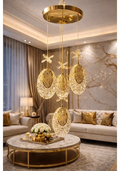 4'lü Hilal Gold Led Avize 3 Renkli Altın