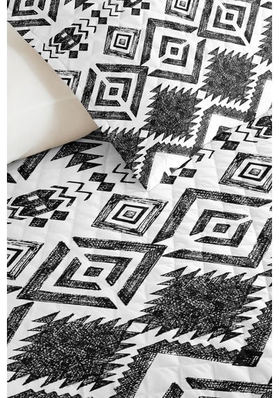 Siyah Geometrik Bohem Genç Odası Tek Kişilik Pike Takımı-beyaz Etnik 160x220cm Kapitone Yatak Örtüsü Kumlu Ada Sırları