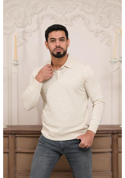 Woolen World Polo Yaka Slimfit Desenli Yünlü Erkek Triko Kazak Krem