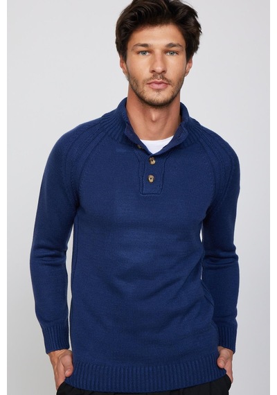 Tudors Erkek Slim Fit Dar Kesim Dik Yaka Düğmeli Lacivert Triko Kazak-29593 Lacivert