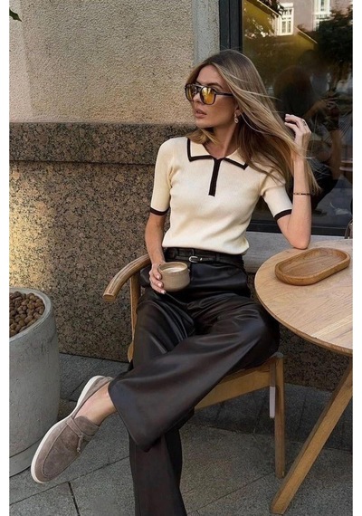 De Pose Ekru Kısa Kollu Premium Polo Yaka Fermuarlı Triko Kadın T-shirt Krem