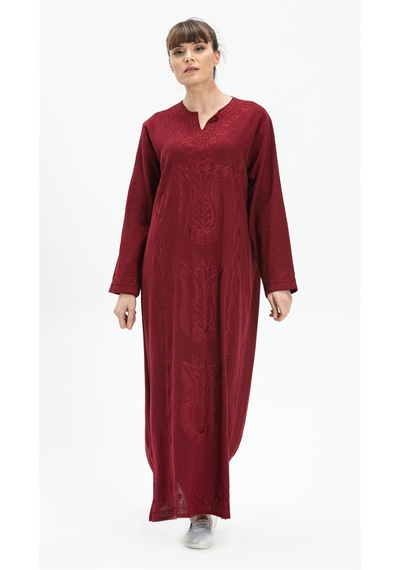 Eliş Şile Bezi Uzun Kol Şile Bezi Simli Kaftan Midi Boy Elbise Bordo
