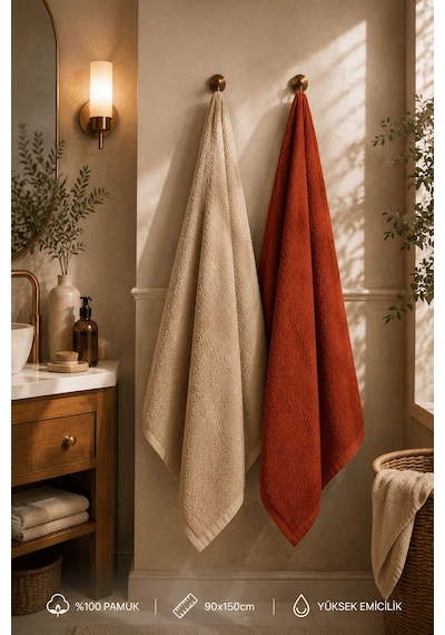 2'li Jakarlı Büyük Boy Banyo Havlusu 90x150 Cm %100 Pamuk Lorea 650 Gr Kiremit-bej