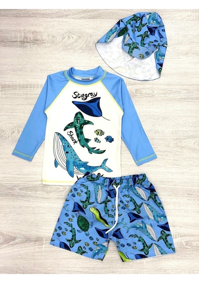 My Kids Wear Güneş Korumalı Boneli Karakter Desenli Deniz Şortlu Mayo Takım Koyu Mavi