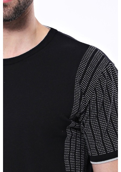 Yake Store Bisiklet Yaka Kenarları Desenli Siyah Örme T-shirt Wessi - Siyah