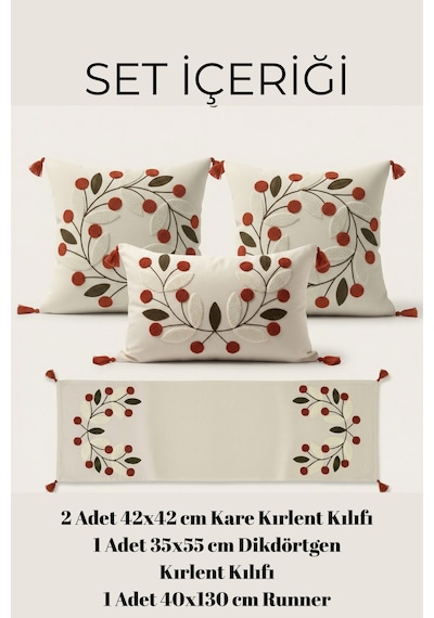 Olivea 4 Lü Punch Nakışlı Botanik Kırlent & Runner Seti 2 Kare + 1 Dikdörtgen Kırlent Kılıfı + 1 Runner Amerikan Servis Kırmızı