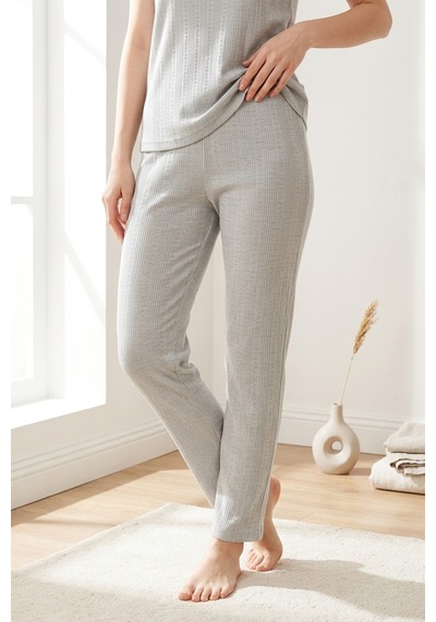 Aura Collections Kadın Bambu Viskon Transfer Ribana Kısa Kollu Düğmeli Pijama Takımı Gri