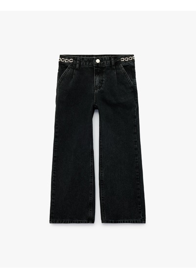 Koton Pamuklu Zincir Detaylı Geniş Paça Denim Pantolon Siyah 7wkg40018ad
