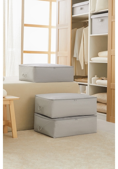 Ocean Home Textile 3'lü Büyük Boy Gri Balıksırtı Baza Altı Hurç Set 62 x 46 x 22 cm