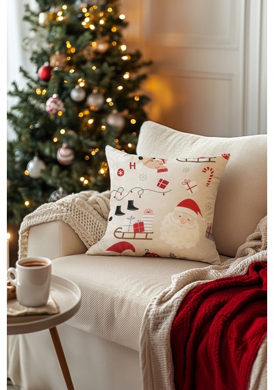 Charm Noel Temalı Özel Renkli Baskılı Bej Kırlent 43x43 35265a Bej