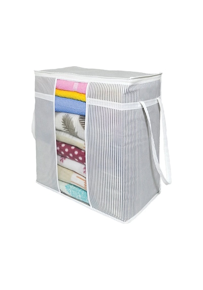 Pencereli Saklama Çantası Çizgili Çok Amaçlı 50x45x30 Cm Gri-beyaz