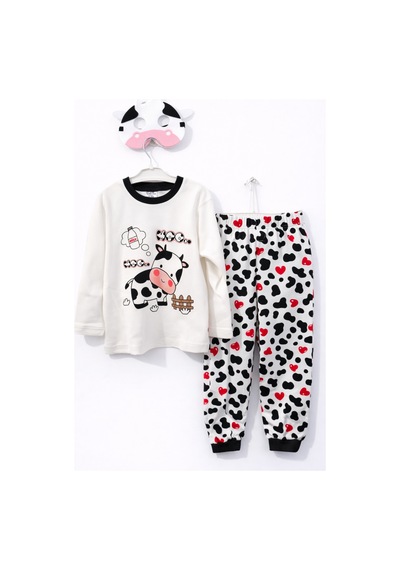 İnekli Maskeli Kız Çocuk Pijama Takımı Beyaz
