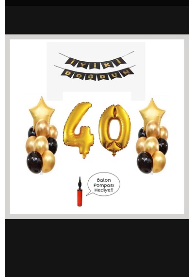 40 Yaş - Altın Gold Folyo Balon Parti Seti + Balon Pompası
