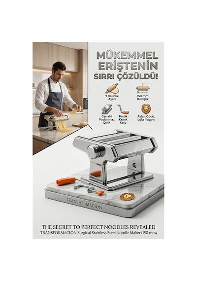 Profesyonel Erişte Ve Makarna Makinesi - 7 Ayarlı Çelik Hamur Açma Spagetti Makinası 723137 Renkli