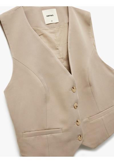 Koton Modal Karışımlı Astarlı Slim Fit V Yaka Düğmeli Blazer Yelek Vizon 5sak20006pw Vizon