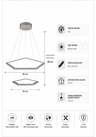 AvizeGO Titan 2'li Led Sarkıt Avize Beyaz Işık Gri