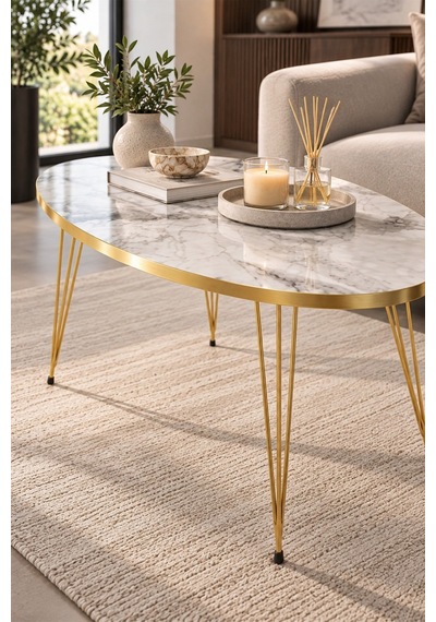 Sulorahome Elips Gold Orta Sehpa Altın - Mermer