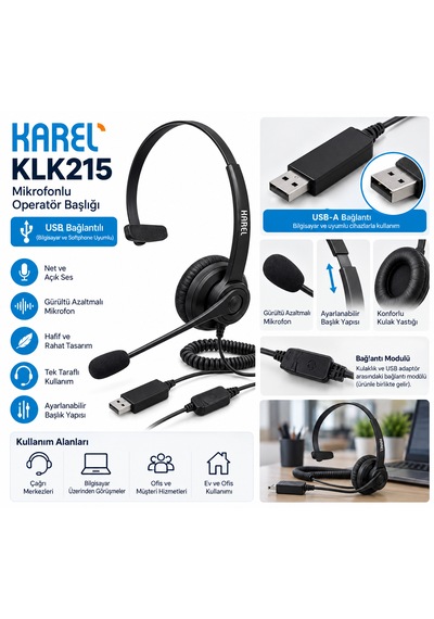 Karel Klk215 Usb Mikrofonlu Operatör Başlığı Usb Bağlantılı Profesyonel Kulaklık