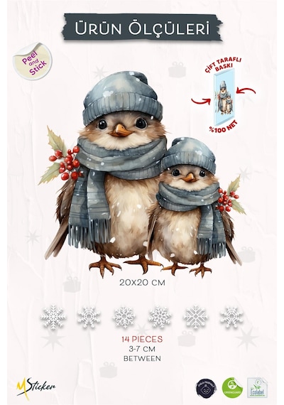 Sevimli Yılbaşı Yeni Yıl Kuşları Ve Kar Taneleri Sticker Seti, Çift Taraflı Yılbaşı Cam Sticker Seti Dijital Baskı