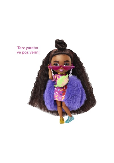 Barbie Extra Mini Bebekler 14 Cm , Mavi Ceketli, Koyu Renk Saçlı