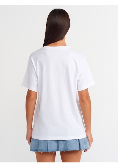 Dilvin Baskılı Bisiklet Yaka T-shirt Beyaz