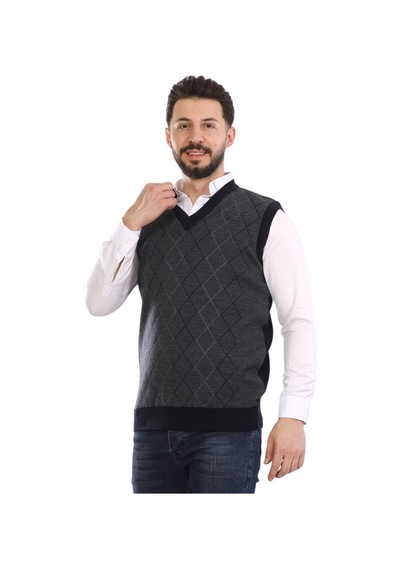 Kzc Tekstil Erkek Baba Ve Orta Yaş Baklava Çizgi Desenli Akrilik Kalın Dokulu V Yaka Triko Süveter Lacivert