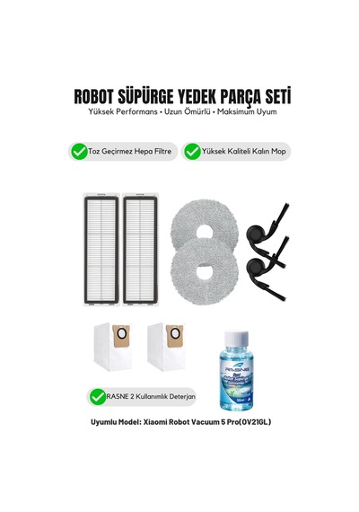 Robot Vacuum 5 Pro Ov21gl İle Uyumlu 2 Yan Fırça 2 Filtre 2 Mop 1 Deterjan 2 Toz Torbası 5.0