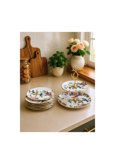 Flora 7 Parça Seramik Pasta Tabağı Katlı Kurabiyelik Sunum Takımı Seti - Kup121f Beyaz