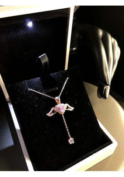 Vog Swarovski Model Kanatlı Pembe Kalp Hareketli Tasarım 925 Gümüş Sevgiliye,eşe Hediye Kolye Rose