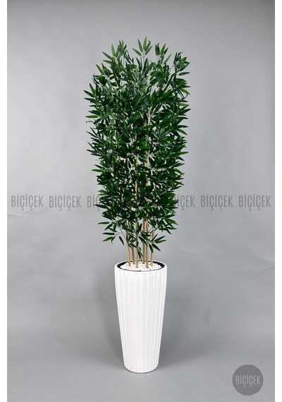 Yapay Bambu Ağacı 6 Dallı Yoğun Yapraklı 220 Cm Beyaz Lilyum Saksıda