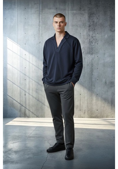 Black Steel Ceket Yaka Casual Erkek Sweatshirt Lacivert