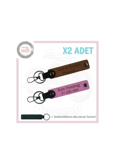 Eşinize Çok Özel Hediye, İsim Ve Plaka Yazılabilen Araç Anahtarlıkları X2'li Set, Kahve-pembe-laci Çok Renkli