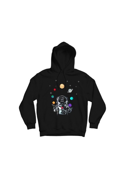Astronot Gezegenler Baskılı Kapşonlu Sweatshirt Siyah