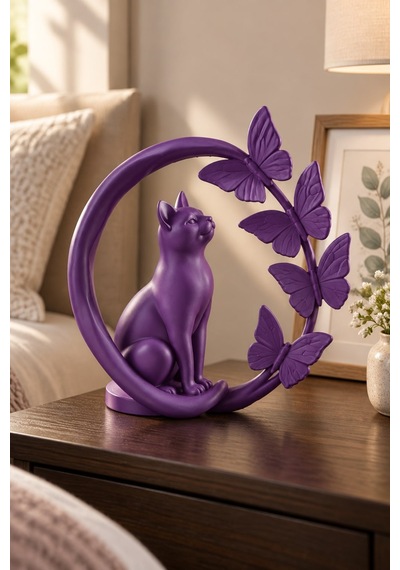 Kelebeklerle Çevrili Zarif Kedi Figürlü Dekoratif Biblo 92533263