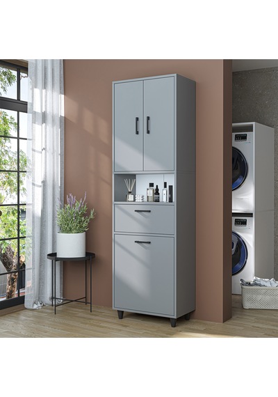Çamaşır Sepetli Banyo Dolabı, Çok Amaçlı Çekmeceli Dolap 60 X 200 Cm Kül Gri