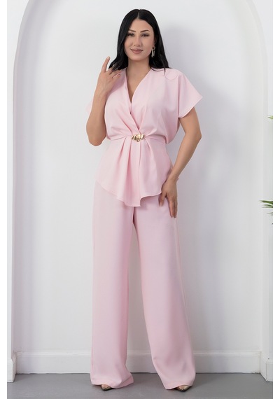 Kalopya Kruvaze Yaka Tokalı Pantolon İkili Takım Grs3983 Pembe