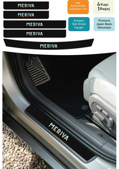 Araç Modeline Özel Opel Meriva Karbon Kapı Eşiği Koruma Seti 5 Parça Premium Renkli Baskı