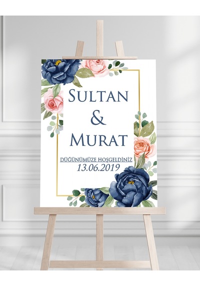 Söz Nişan Düğün İçin 50x70 Karşılama Panosu - Mavi Çiçek Desenli 002 Beyaz