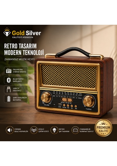 Gold Silver Gs-1335 Retro Tasarım Bluetooth Şarjlı Nostalji Radyo