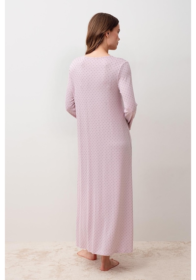 Artış Collection Uzun Kollu Düğmeli Puantiyeli Dantelli Likralı Viskoz Gecelik 20107 Pembe