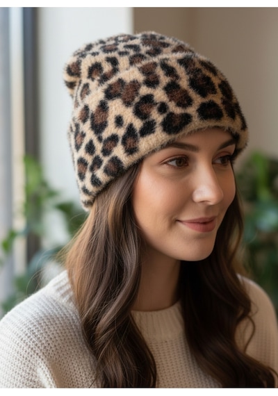 Derikem Kadın Tüylü Yumuşak Peluş Bere Leopar - Kahverengi