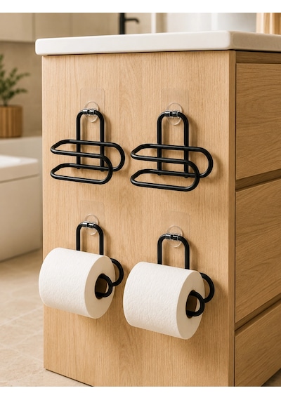Duvara Yapışkanlı Wc Kağıtlık Siyah Metal 4 Adet Tuvalet Kağıdı Rulo Askısı Çok Renkli