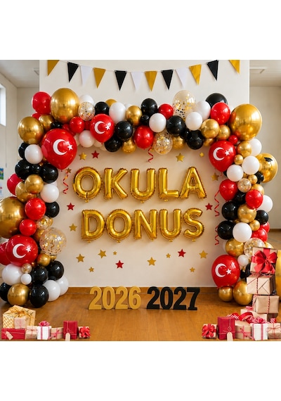 İlköğretim Haftası Konulu Okula Dönüş Gold Folyo Harfler Beyaz Kırmızı Siyah Gold Balonlar Okul Sınıf Pano Süsleme Çok  Renkli