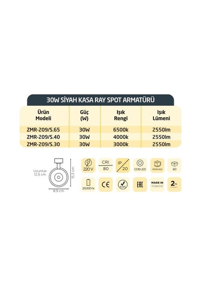 Zmr 30w Günışığı Siyah Kasa Led Led Ray Spot 3200k Gün Işığı