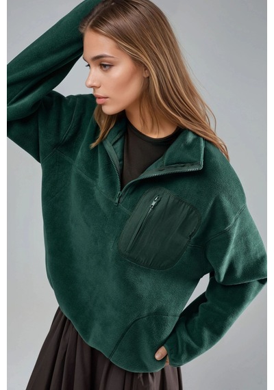 Hiccup Busem Fermuarlı Yakalı Peluş Örme Sweatshirt, Cepli Çam Yeşili