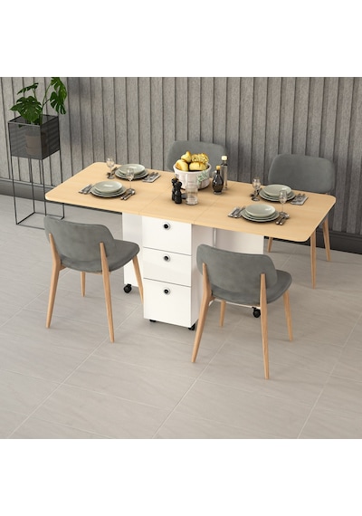 Asra Trend Raflı Modern Katlanır Mutfak Masası KM-09 %100 MDF 3 Çekmeceli Tekerlekli Servis Masası Akça Ağaç Asra Trend Raflı Modern Katlanır Mutfak Masası KM-09 %100 MDF 3 Çekmeceli Tekerlekli Servis Masası Akça Ağaç