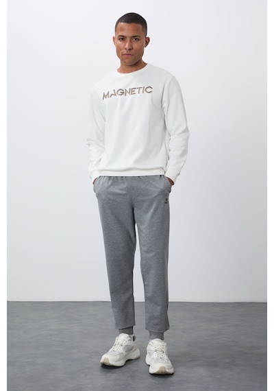 Tommy Life Ekru Yazı Nakışlı O Yaka Rahat Form İçi Polarlı Erkek Sweatshirt - 88020 Ekru
