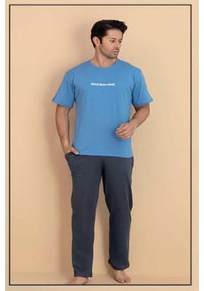 Pijamerry Erkek Bisiklet Yaka Kısa Kol Penye Pijama Takımı 6319 - 1 Adet Mavi