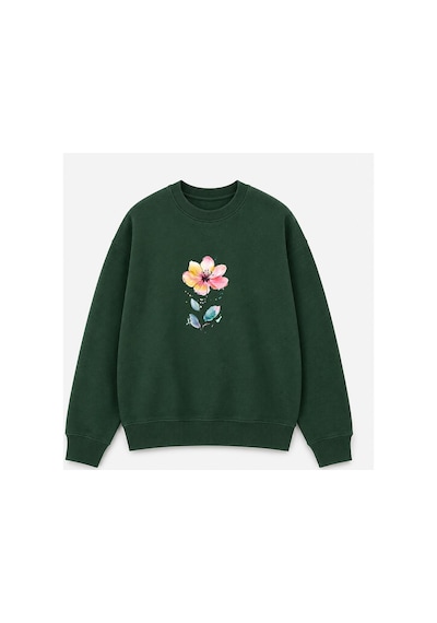 Herkesemoda Çiçek Baskı Detaylı Bisiklet Yaka Şardonlu 2 İplik Sweatshirt Yeşil
